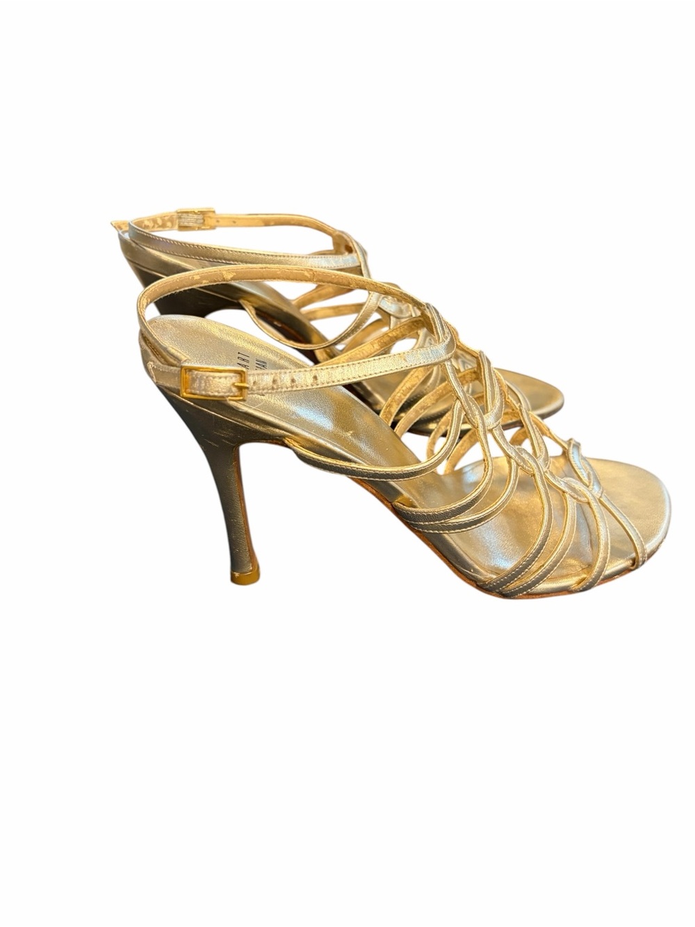 Stuart Weitzman Metallic Gold Multi-Strap stiletto Sandals with ankle wrap